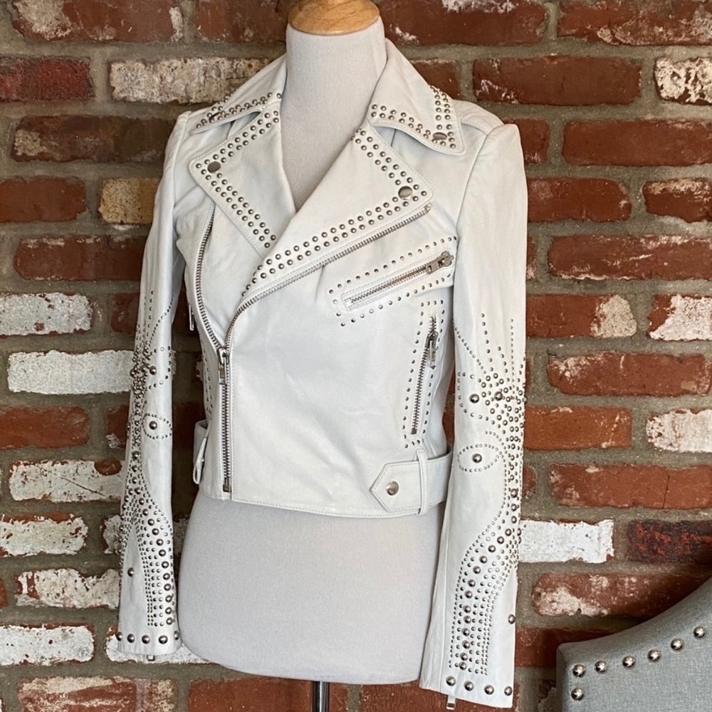 Belle Vere white leather studded moto jacket
